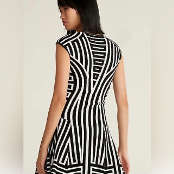 RVN Cap Sleeve Stripe Geometric Knit Mini Skater Dress in Black & Peacock - Picture 5 of 8